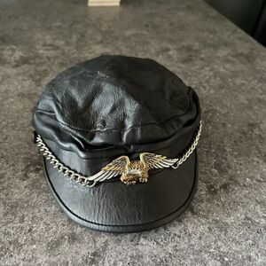 Vintage ‘90s Eagle & Chain Black Leather Motorcycle Cap USA Made